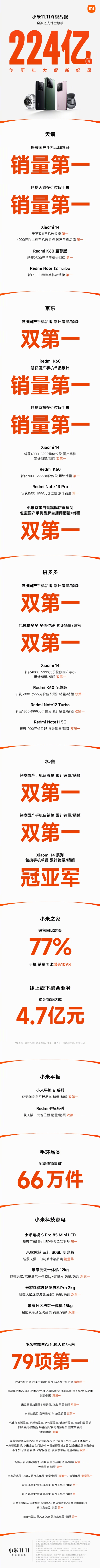 支付金额超224亿创新纪录！小米双11终极战报来了：第一拿到手软  第2张